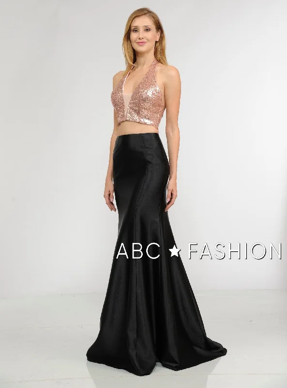 Long Two-Piece Dress with Sequin Crop Top by Poly USA 8294 Notch Collar Peter Pan Collar Cowl Neck