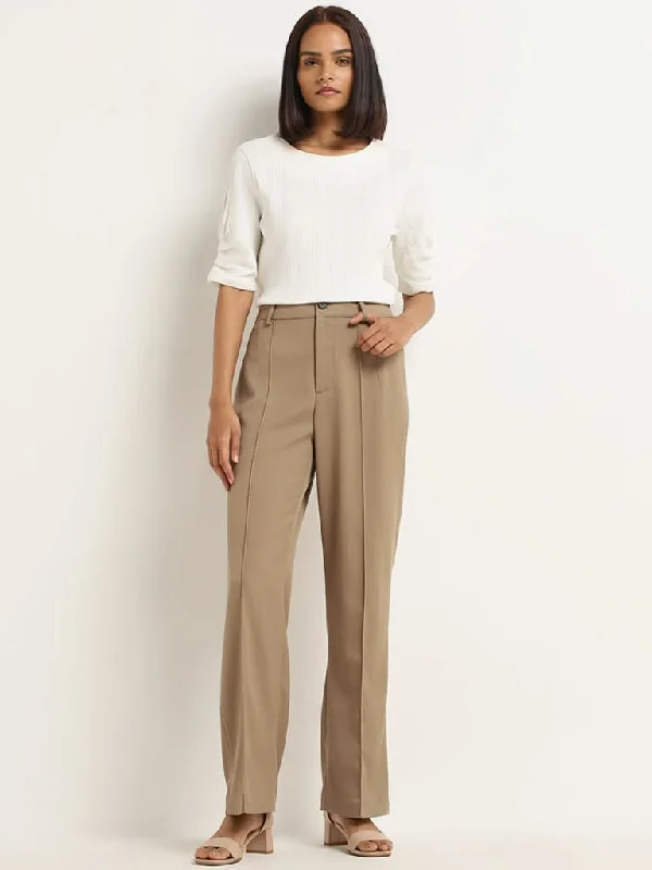 Wardrobe Beige Solid Trousers Trousers Elastic Waist Soft