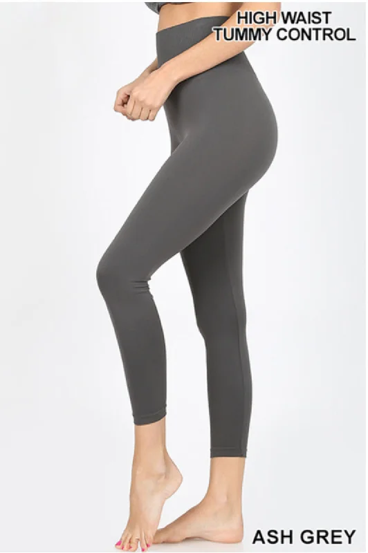 High Waist Capri Leggings with Tummy Control - Ash Gray Comfortable Slip-On Leggings