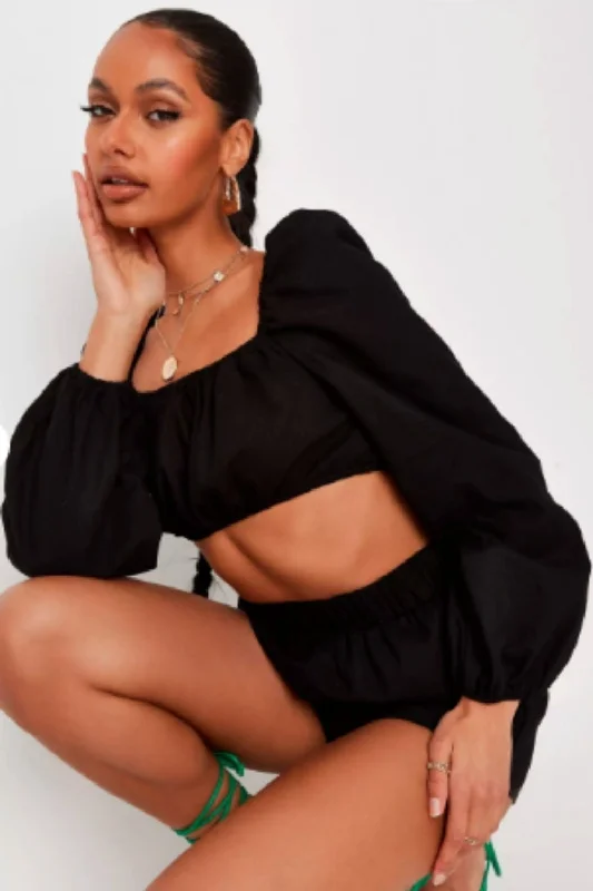 Puff Sleeve Black Crop Top Rayon Fabric Velvet Fabric Corduroy Fabric