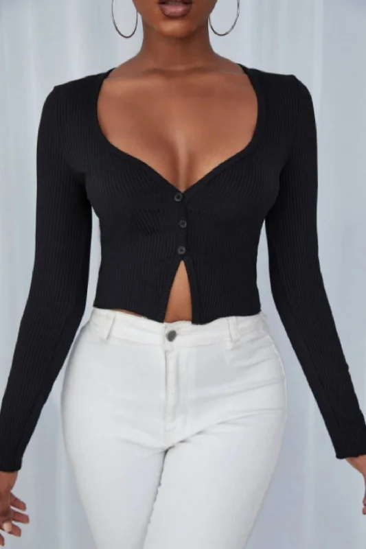 Ribbed Knit Button Front Crop Top Notch Collar Peter Pan Collar Cowl Neck