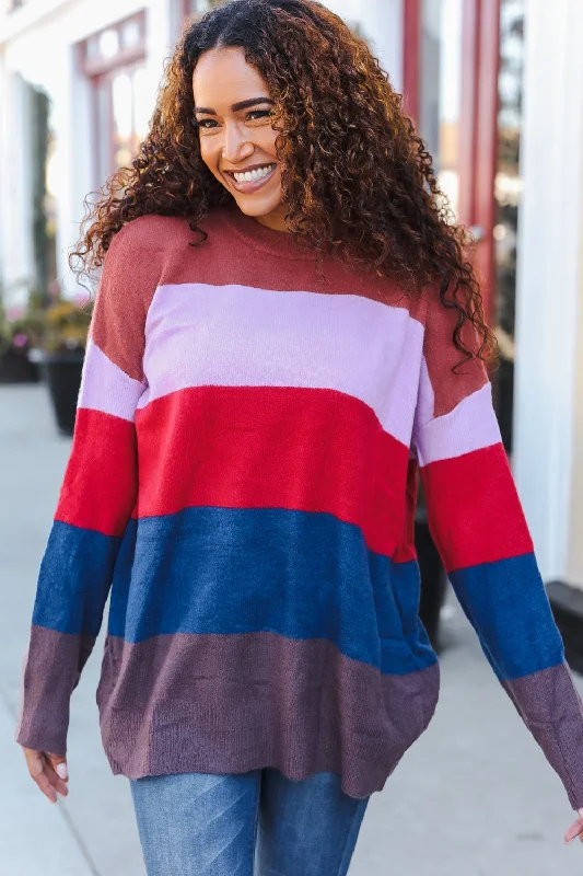 Lock Eyes Lilac Multi-Stripe Ribbed Knit Sweater Pullover Asymmetrical Hem Sweater