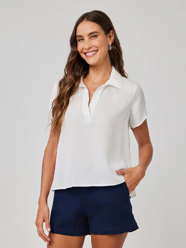 Short Sleeve Pullover Top - White Shirred Sleeve Feminine