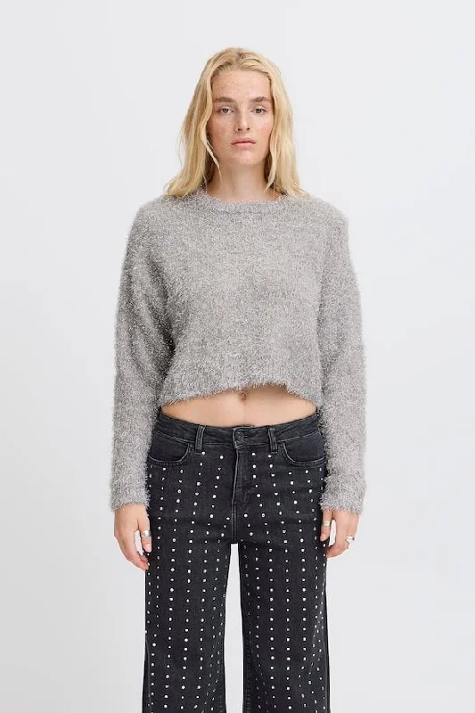 Blizi Long Sleeve Pullover Silver Ribbed Crew Neck