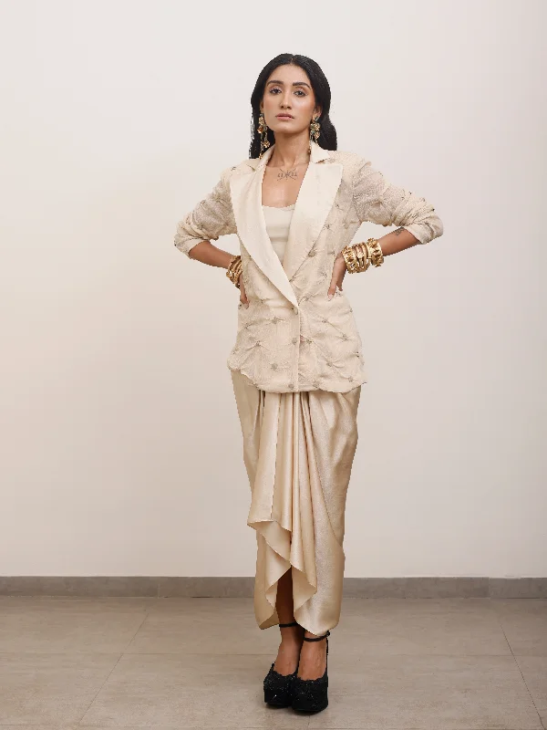 Beige Silk Draped Blazer With Crop Top and Skirt Collared Crew Neck Turtle Neck