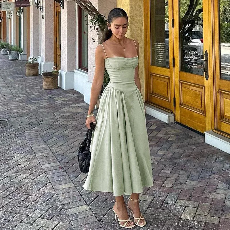 Agastha Midi Vintage Retro Dress Cozy Spaghetti Strap Midi Dress