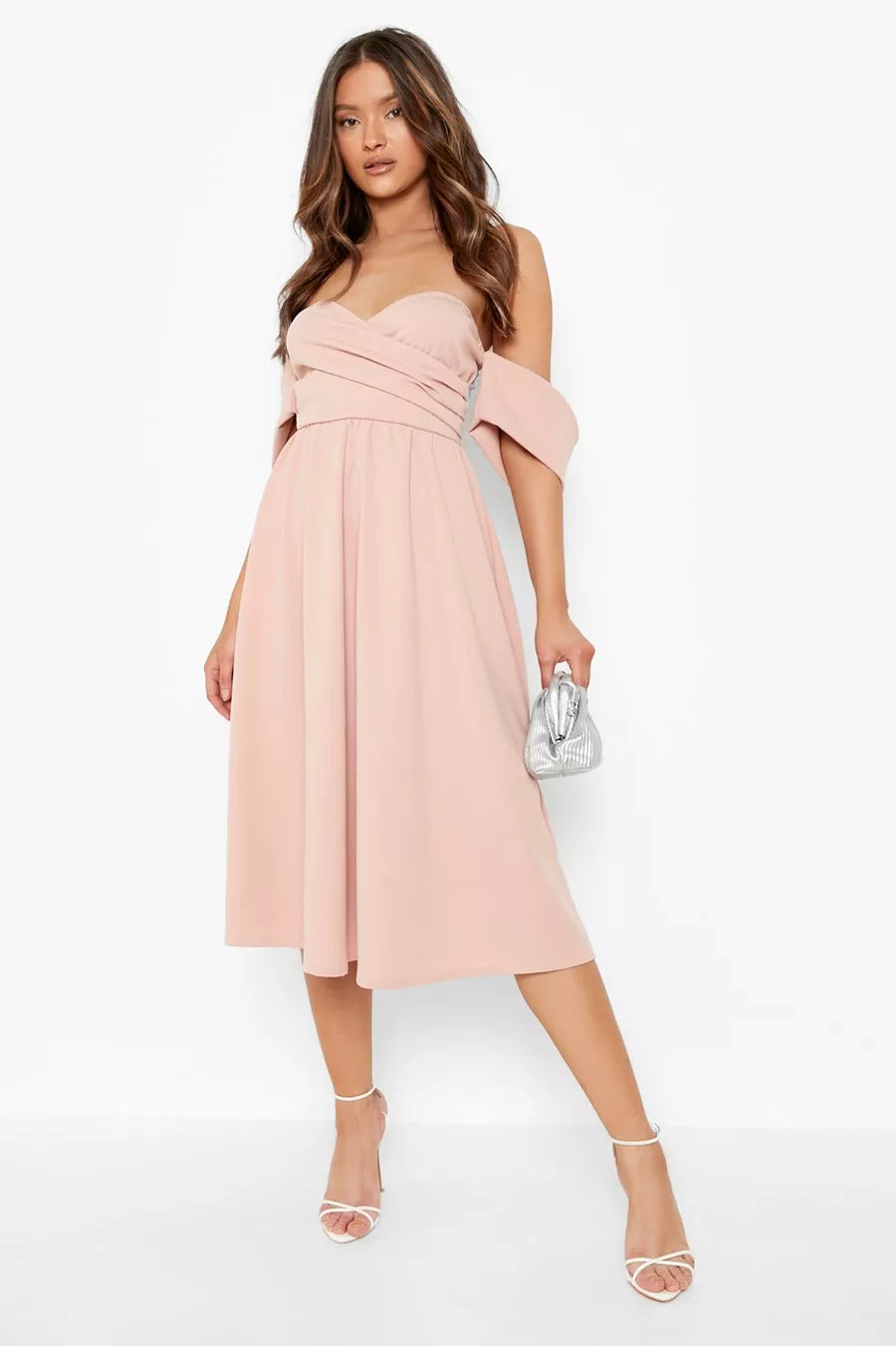 Bardot Pleat Detail Midi Skater Dress Rose Comfortable Empire Waist Midi Dress