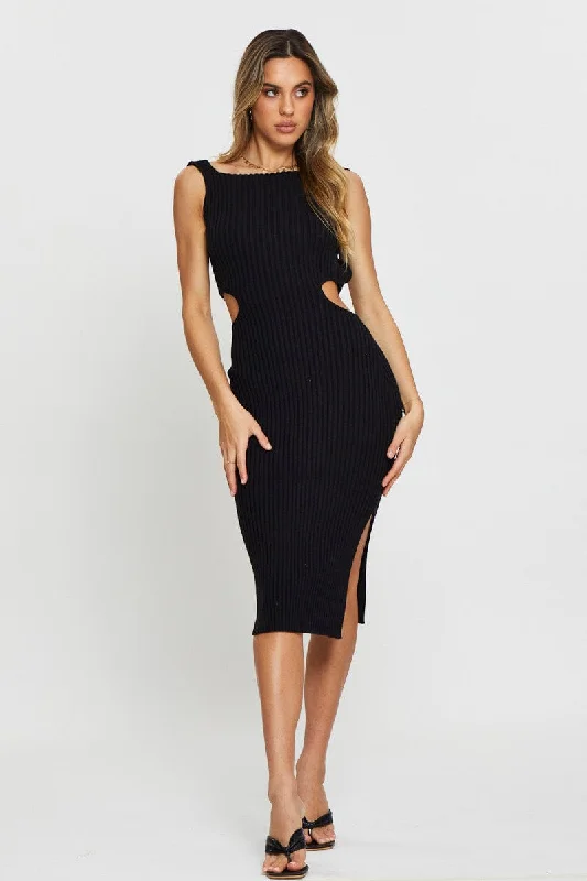 Black Knit Dress Midi Fashionable Wide Leg Midi Dress