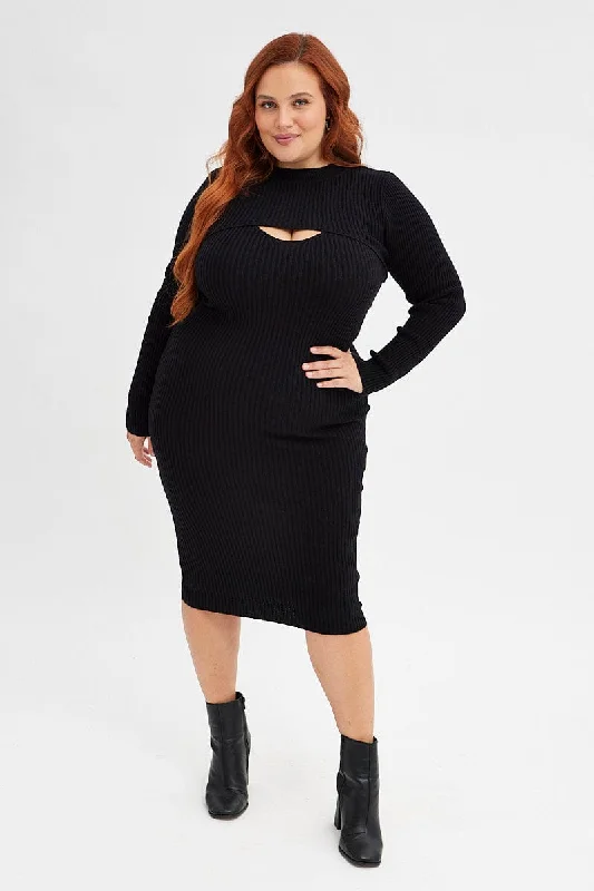 Black Knit Dress Midi Rib with Shrug Trendy Boho Midi Dress