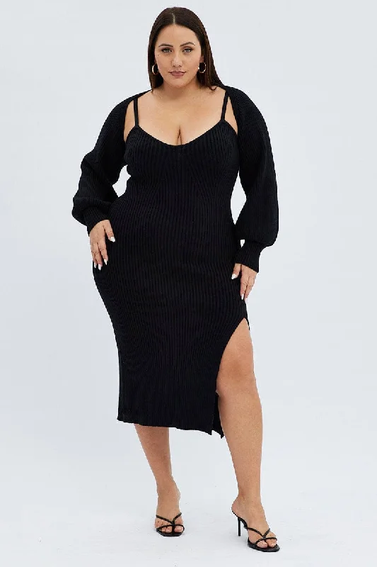 Black Knit Dress Midi Shrug Trendy Fit-and-Flare Midi Dress