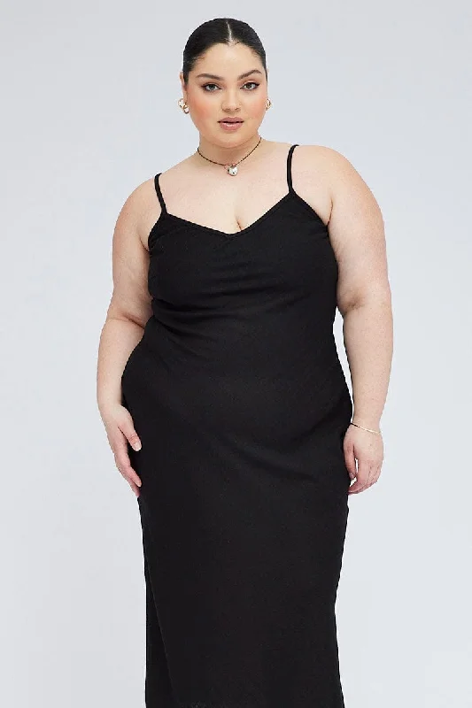 Black Midi Slip Dress Linen Blend Fashionable Shift Midi Dress