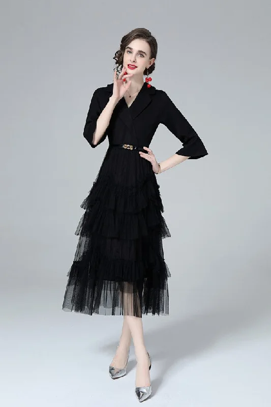 Black ?ocktail A-line Notch Lapel Elbow Sleeve Midi Ruffled Dress Comfortable Deep V Midi Dress