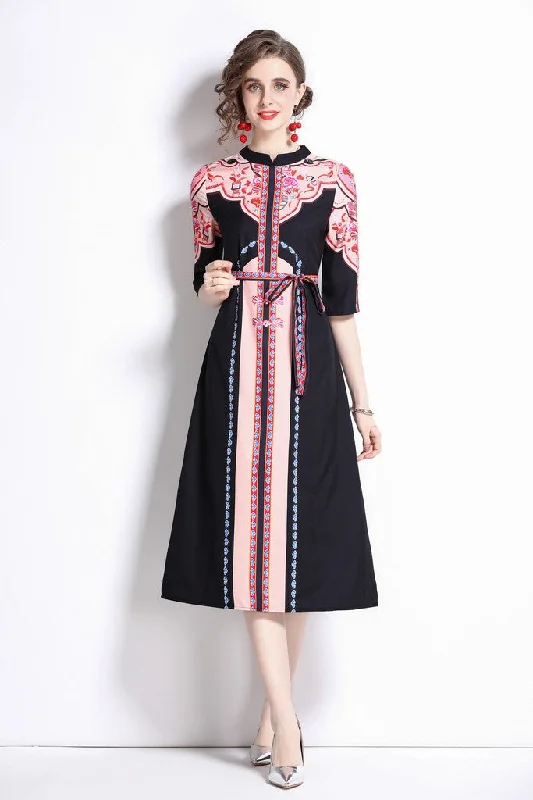 Black & Pink A-line Crewneck Elbow Sleeve Midi Printed Dress Fashionable Pencil Midi Dress
