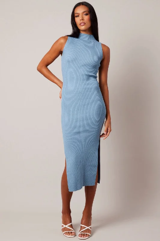 Blue Knit Dress High Neck Midi Trendy Boho Midi Dress