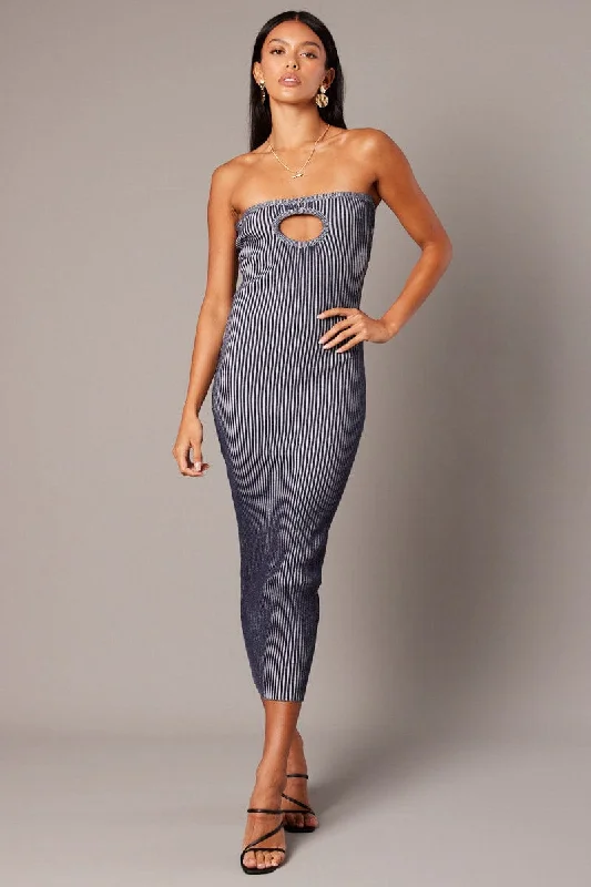Blue Knit Dress Key Hole Front Bandeau Midi Stylish Button-Down Midi Dress