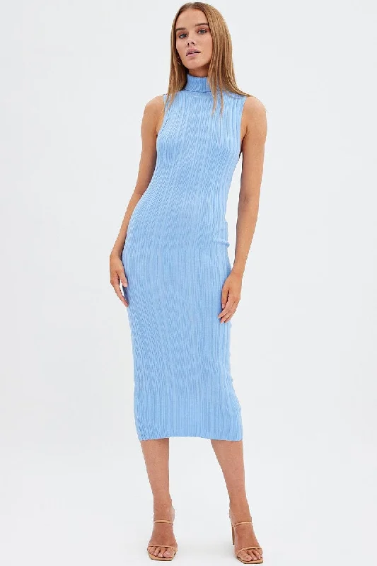 Blue Knit Dress Midi Square Neck Elegant Maxi-Midi Hybrid Dress