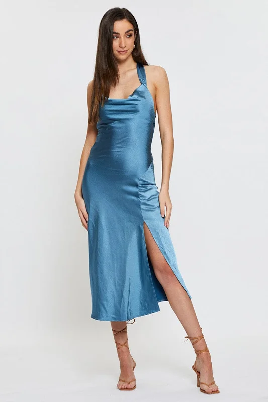 Blue Slip Dress Midi Satin Cozy Wide Strap Midi Dress