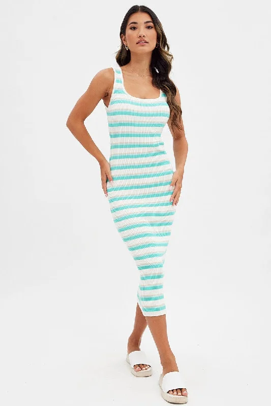 Blue Stripe Knit Dress Midi Square Neck Comfortable Ribbed Midi Dress