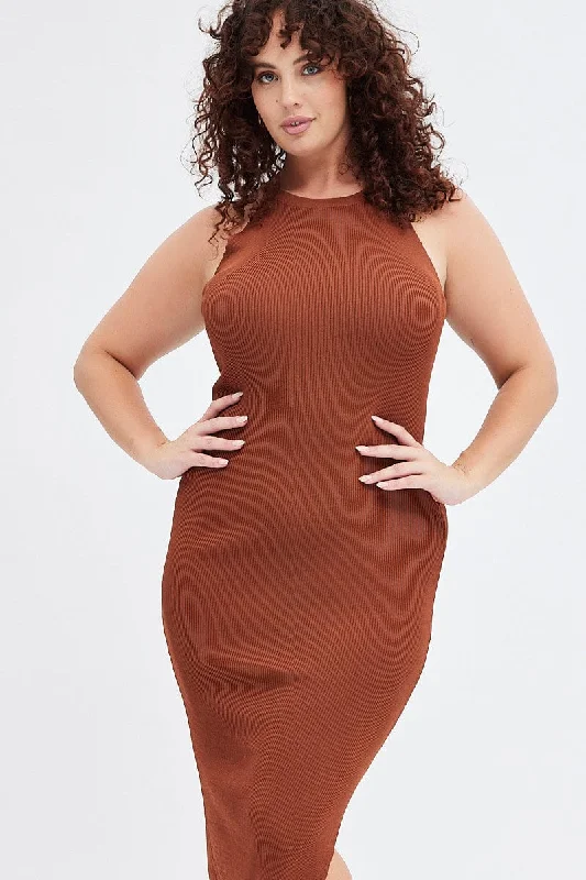 Brown Knit Dress High Neck Midi Trendy Long Sleeve Midi Dress