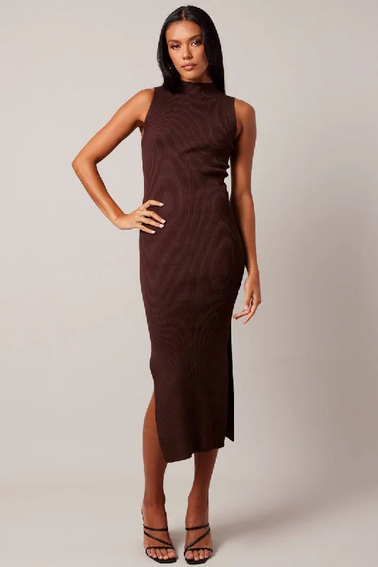 Brown Knit Dress High Neck Midi Elegant Satin Midi Dress
