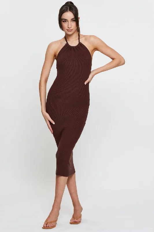 Brown Knit Dress Midi Halter Neck Elegant Faux Wrap Midi Dress