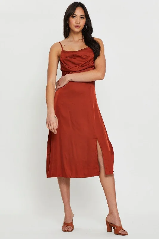 Brown Slip Dress Midi Fashionable High-Low Midi Dress