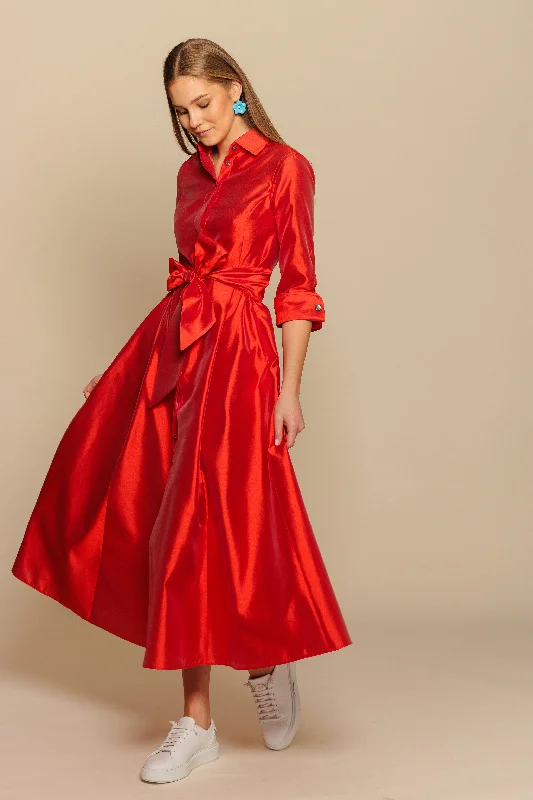 Dress "KATE MIDI" / Luxury Silk Shantung Trendy Midi Dress with Belt