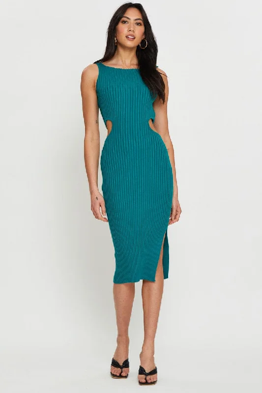 Green Knit Dress Midi Trendy Ruffled Sleeve Midi Dress