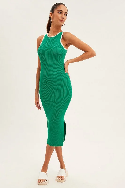 Green Knit Dress Midi Cozy A-Line Midi Dress