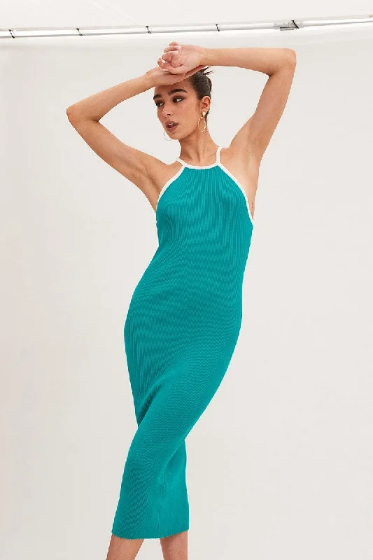 Green Knit Dress Midi Halter Neck Binding Detail Elegant Pleated Detail Midi Dress