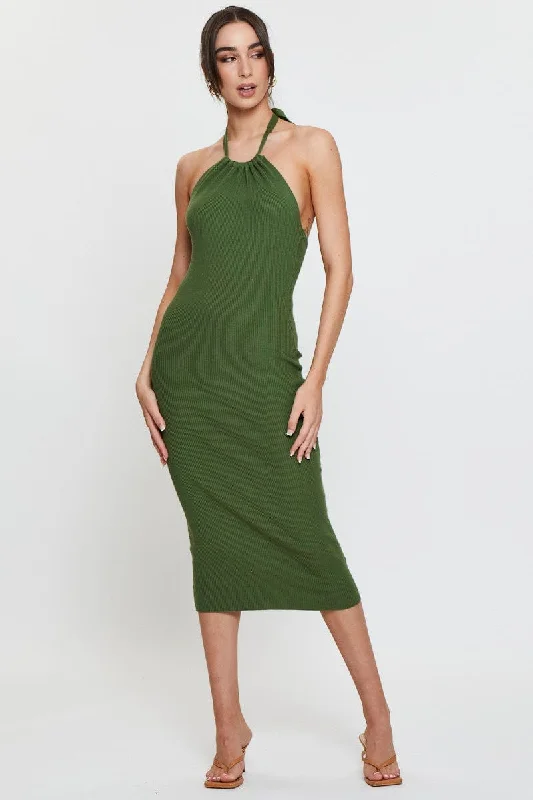 Green Knit Dress Midi Halter Neck Trendy Floral Wrap Midi Dress