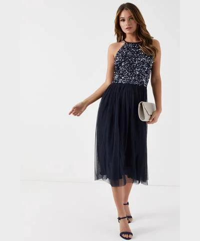 Halter Midi Neck Dress Navy Trendy Off-Shoulder Ruffle Midi Dress