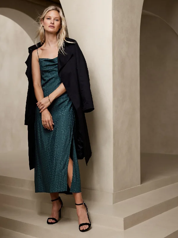 Jacquard Midi Slip Dress Elegant Satin Button Midi Dress