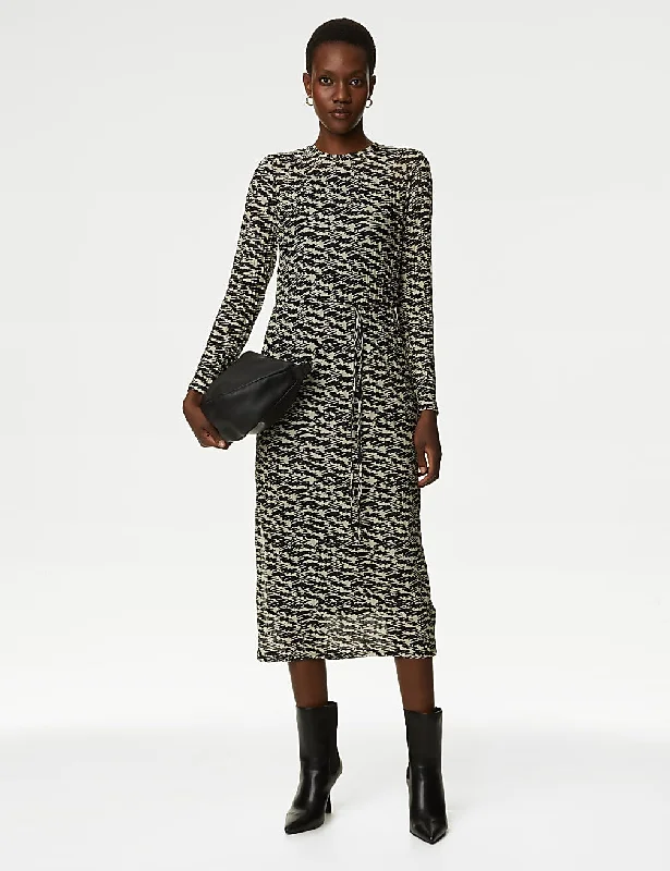 Jersey Printed Round Neck Mesh Midi Column Dress Trendy Flared Sleeve Midi Dress