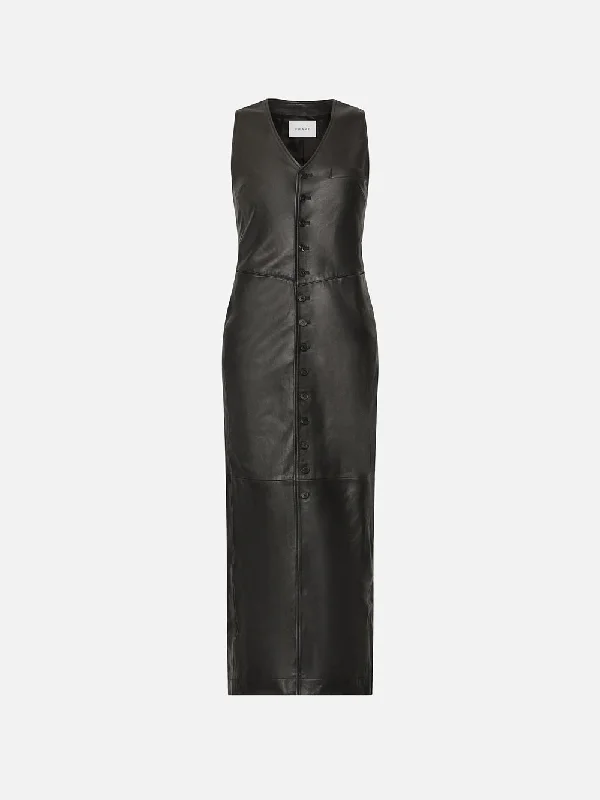 Leather Midi Vest Dress -- Black Comfortable Ruched Midi Dress