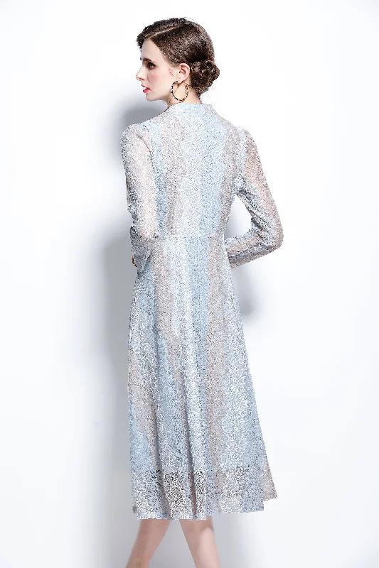 Light blue & Violet Evening A-line Crewneck 3/4 Sleeves Midi Lace Dress Elegant Lace Trim Midi Dress