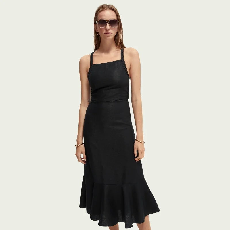 Midi-Length Pinafore Dress (Black) Cozy A-Line Midi Dress