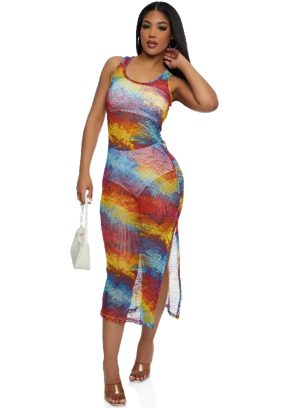 Fishnet Printed Side Slit Midi Tank Dress Stylish Striped Midi Dress