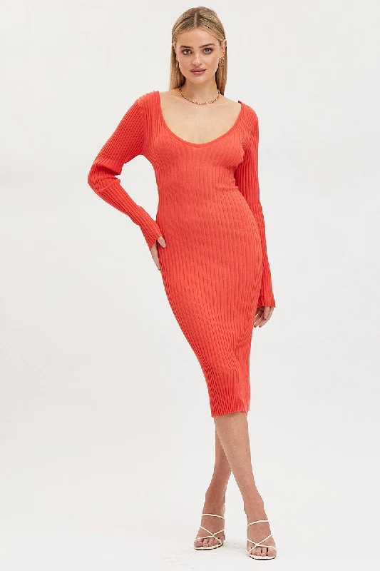 Orange Knit Dress Evening Midi Fashionable Fitted Midi Dress