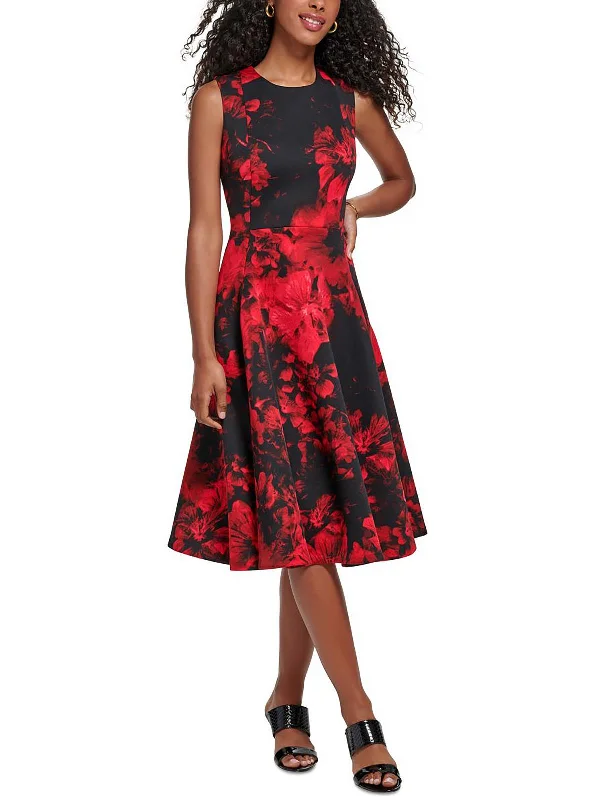 Petites Womens Panel Midi Fit & Flare Dress Cozy Wide Strap Midi Dress