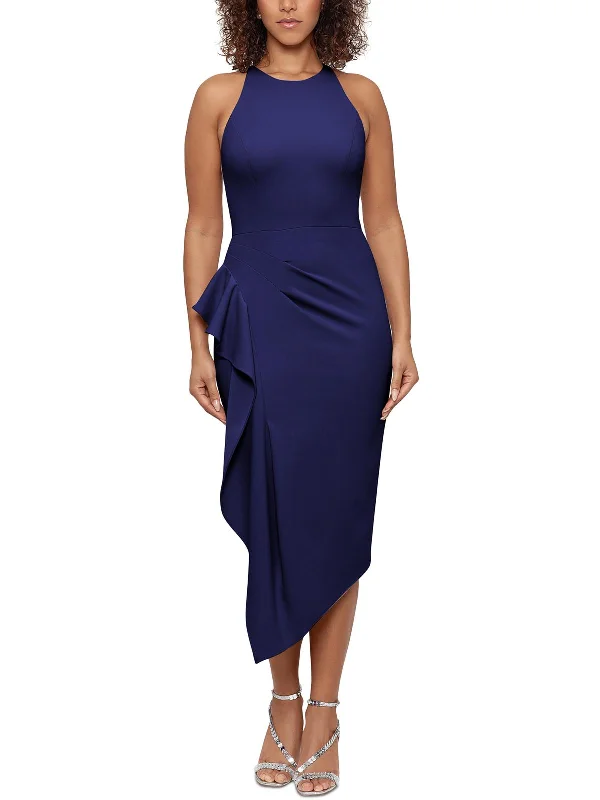 Petites Womens Ruffled Midi Sheath Dress Chic Off-Shoulder Midi Dress