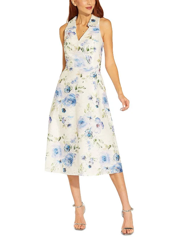Petites Womens V-Neck Midi Fit & Flare Dress Chic Bohemian Midi Dress