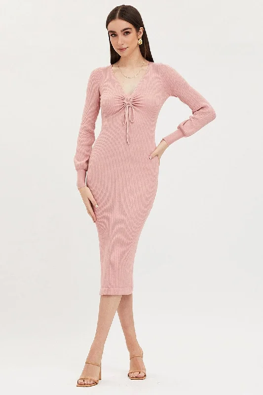 Pink Knit Dress Evening Midi Stylish Midi Dress with Cuffs