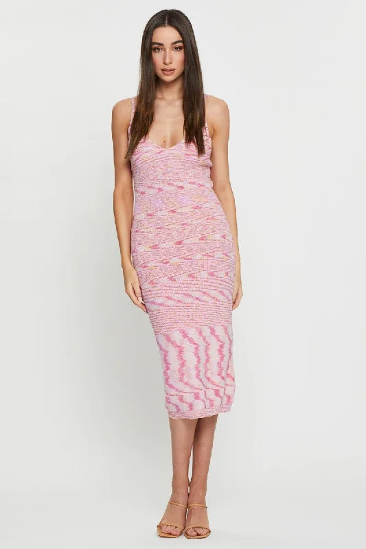 Pink Knit Dress Midi Stylish Wraparound Midi Dress