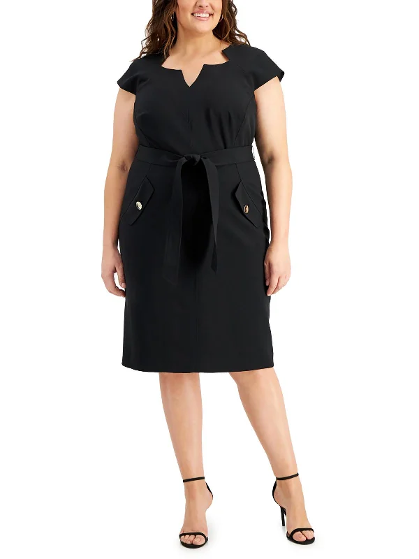 Plus Womens Split Neck Midi Sheath Dress Fashionable Pleated Midi Dress