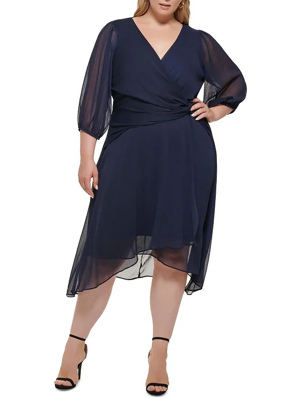 Plus Womens Surplice Midi Fit & Flare Dress Elegant Pleated Sleeve Midi Dress