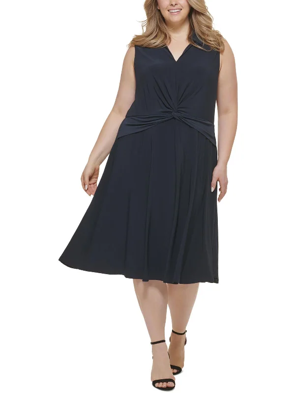 Plus Womens Twist-Front Midi Fit & Flare Dress Fashionable Skater Midi Dress