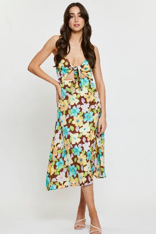 Print A Line Dress Midi Cozy Midi Dress with Pockets
