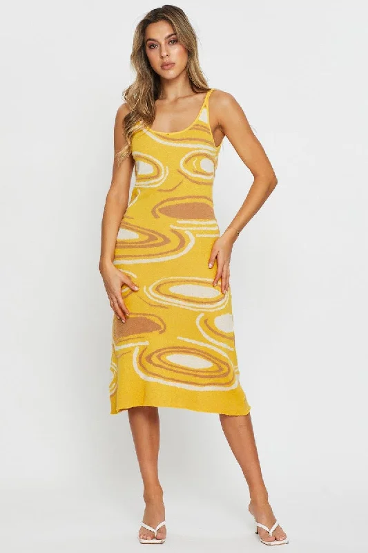 Print Knit Dress Midi Elegant Lace Trim Midi Dress