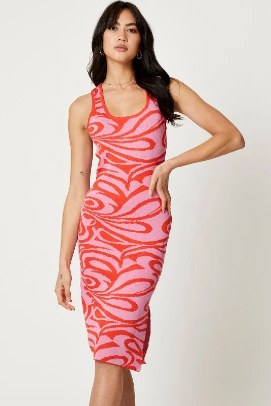 Print Knit Dress Midi Fashionable Floral Embroidery Midi Dress